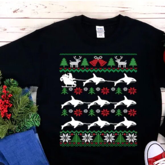 Funny Orca Killer Whale "Merry Orcamas" Sweatshirt Med Ugly Christmas Party Top - Picture 1 of 8